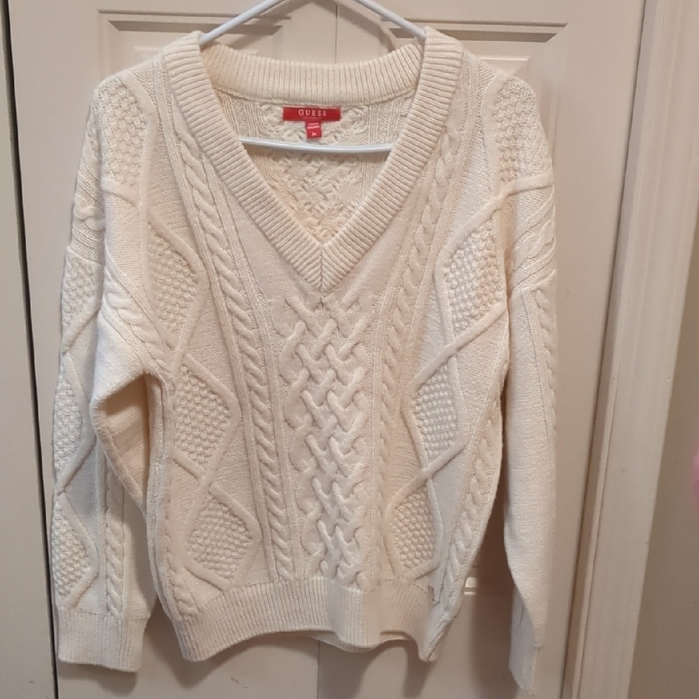 Guess Cream Cable Knit V-Neck Sweater